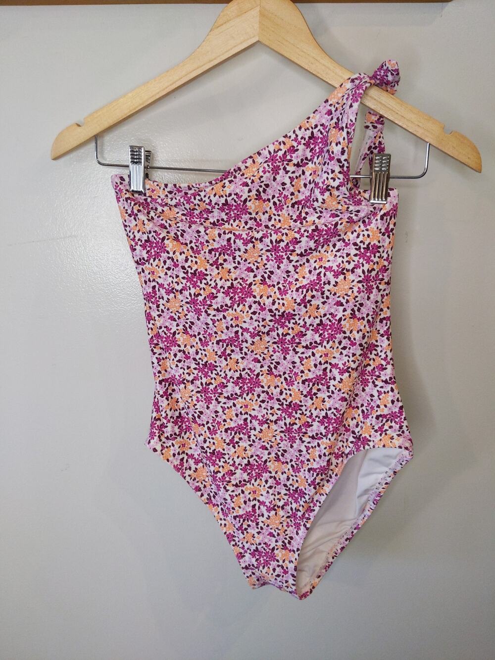 LOFT Beach One Shoulder Swimsuit Ditsy Floral Pink Purple Tie Detail Medium